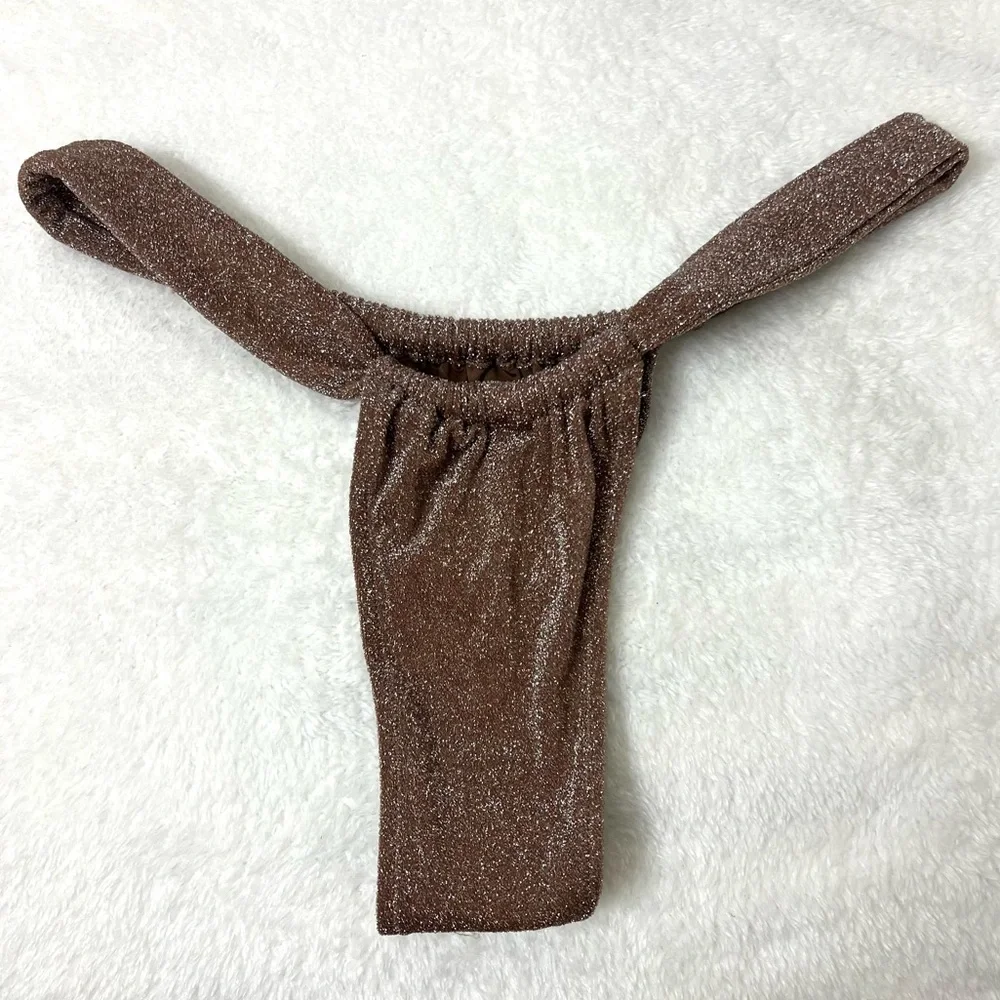 Skims Glitter Swim Ruched Tanga Bikini Bottom Jasper Brown Size L